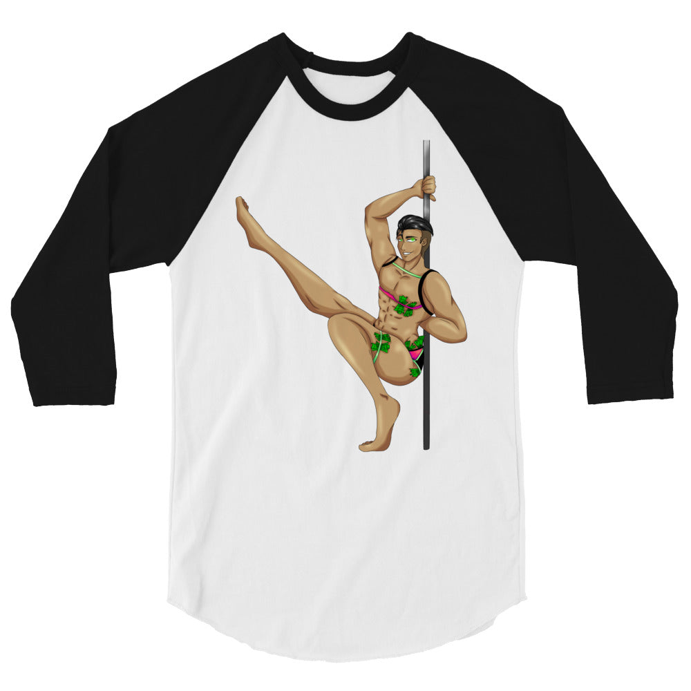 White and black raglan shirt featuring an illustrated muscular pole dancer in a floral bikini