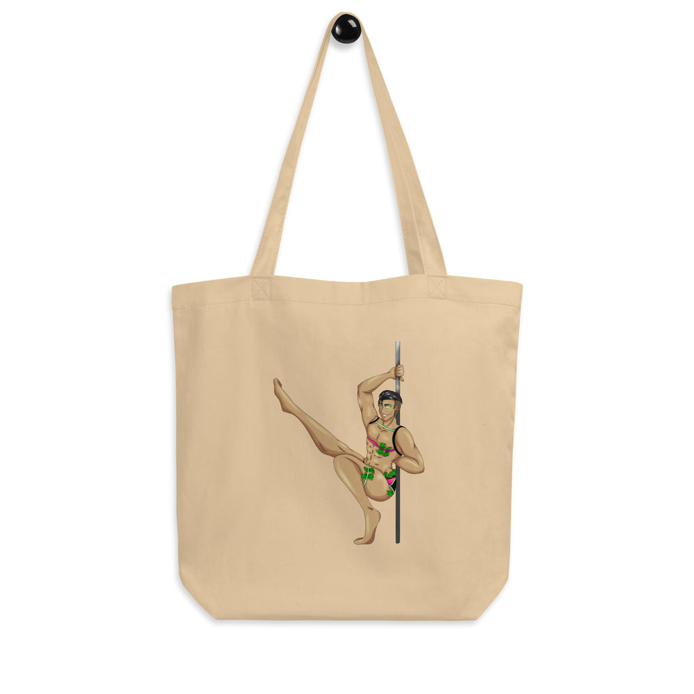 Natural canvas tote bag featuring an illustrated male pole dancer in a green floral bikini