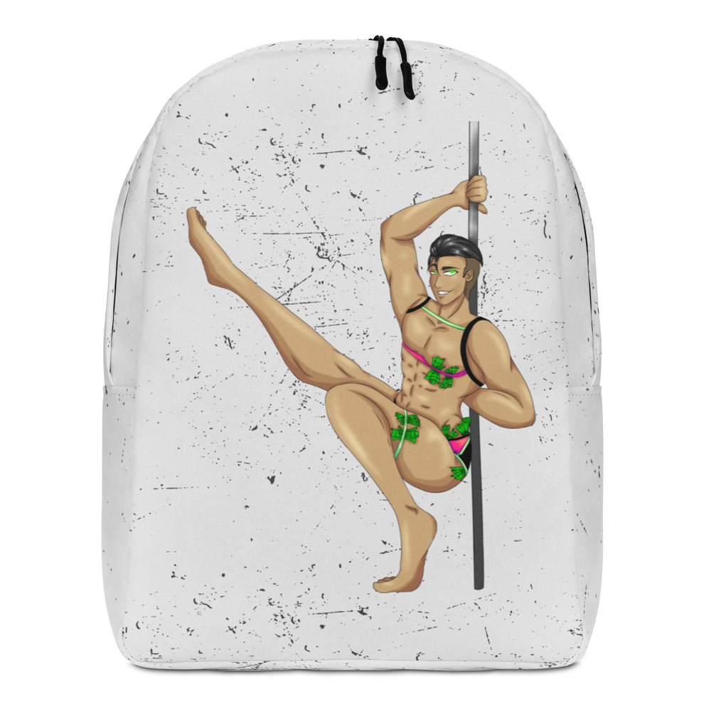 Front view of a white speckled backpack featuring an illustrated pole dancer in green and pink briefs