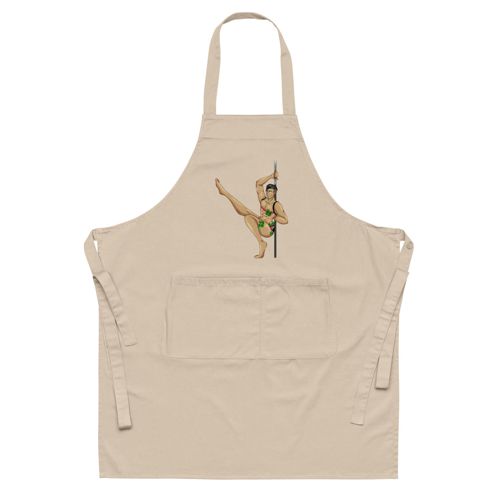 Front view of a beige apron with a colorful male gogo dancer illustration and front pocket