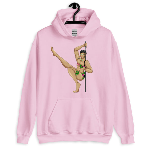Front view of a pink hoodie with an illustrated male dancer in a harness and briefs on a pole