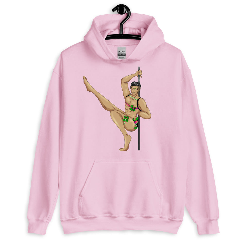 Front view of a pink hoodie with an illustrated male dancer in a harness and briefs on a pole