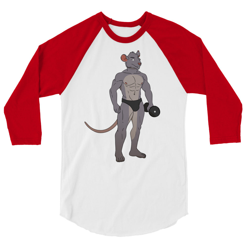 Front view of a white and red raglan shirt with a muscular cartoon rat lifting a dumbbell