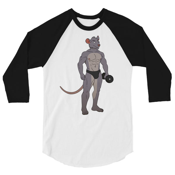 Front view of a white raglan shirt with black sleeves and a muscular mouse lifting a dumbbell