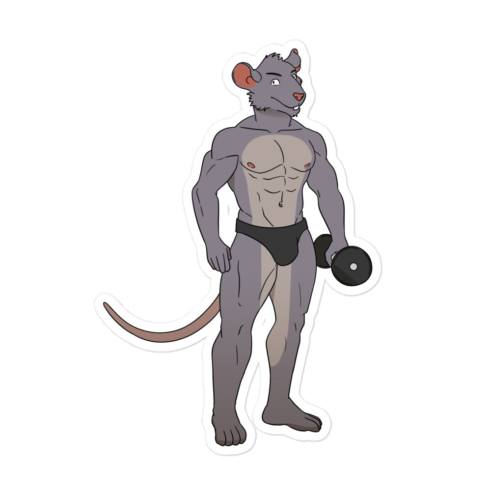 Sticker illustration of a muscular gray anthropomorphic rat in black briefs holding a dumbbell