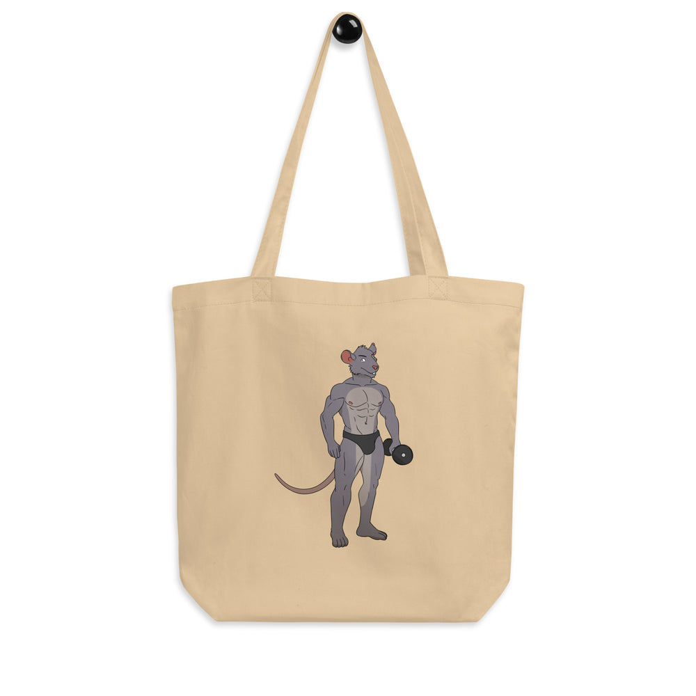 Natural canvas tote bag with a muscular gray mouse lifting a dumbbell