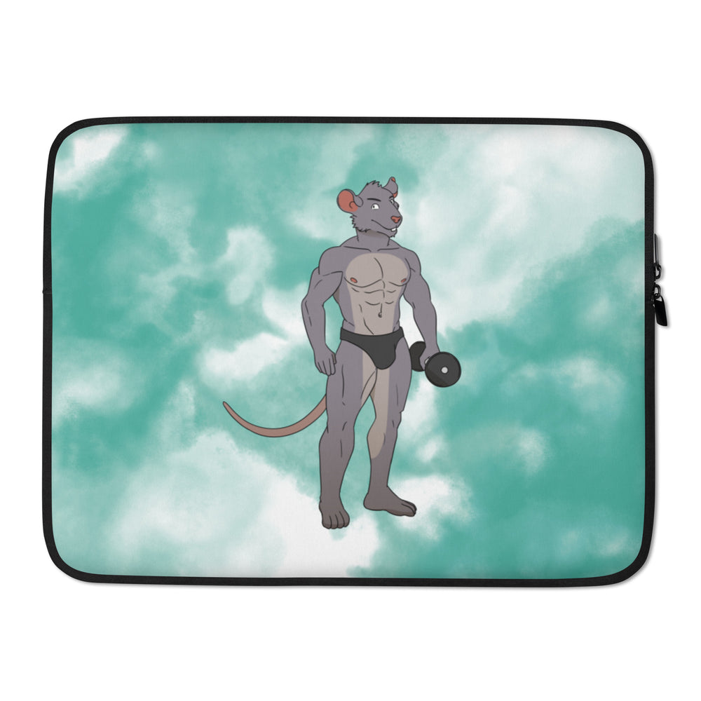 Laptop sleeve showing a muscular anthropomorphic rat in black briefs lifting a dumbbell