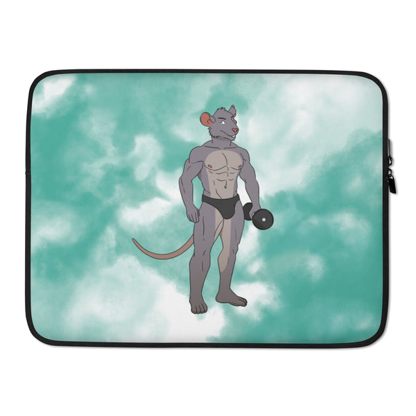 Laptop sleeve showing a muscular anthropomorphic rat in black briefs lifting a dumbbell