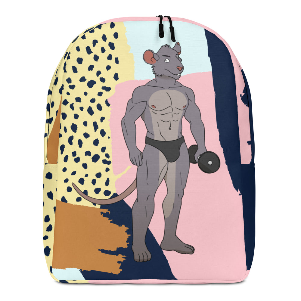 Front view of a colorful backpack with a muscular cartoon rat holding a dumbbell