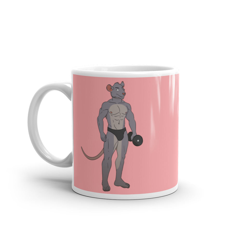 White mug with pink panel showing a muscular gray rat in black briefs lifting a dumbbell