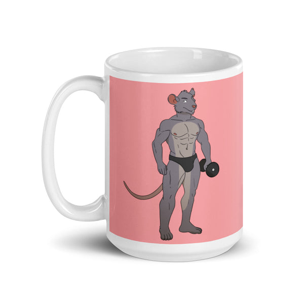 White mug with a pink panel showing a muscular anthropomorphic rat lifting a dumbbell