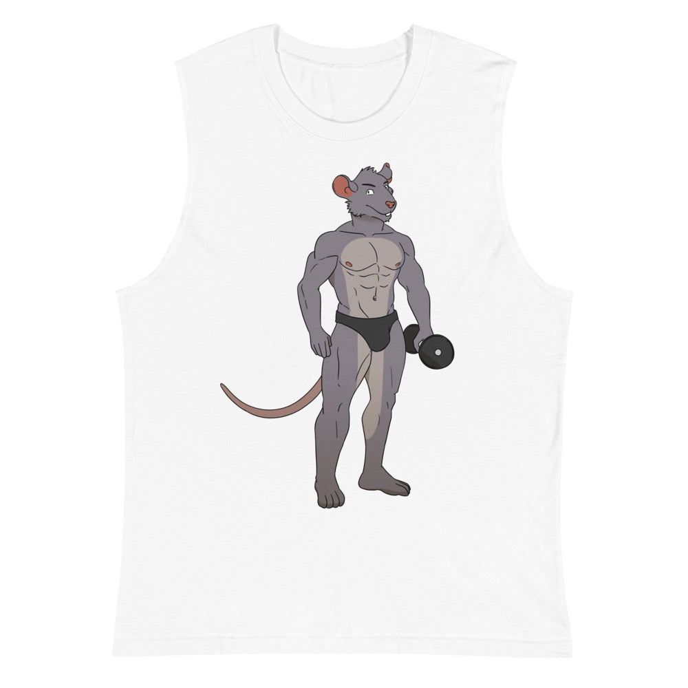 White muscle tank top with a muscular cartoon rat lifting a dumbbell