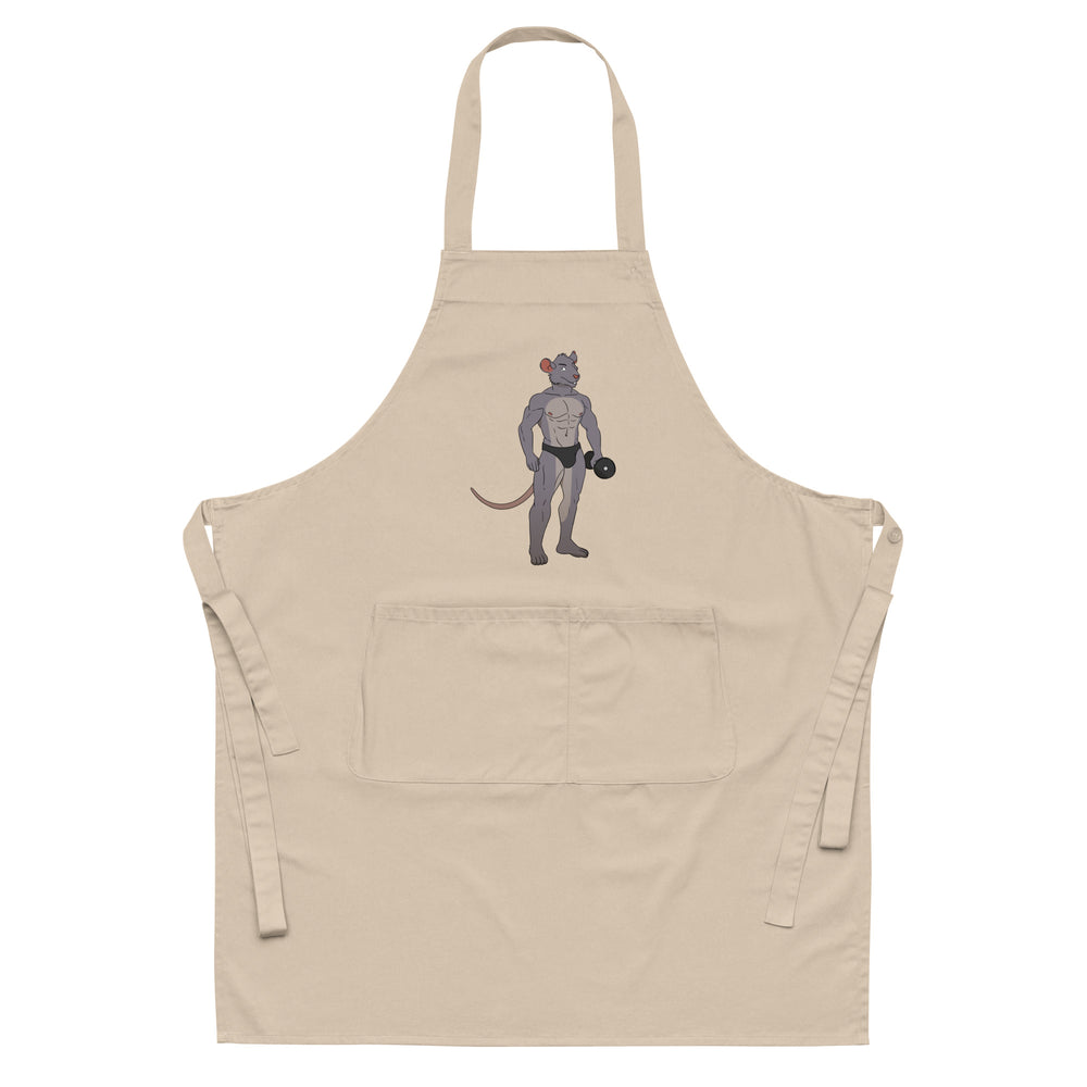 Front view of a beige apron featuring a muscular rat lifting a dumbbell