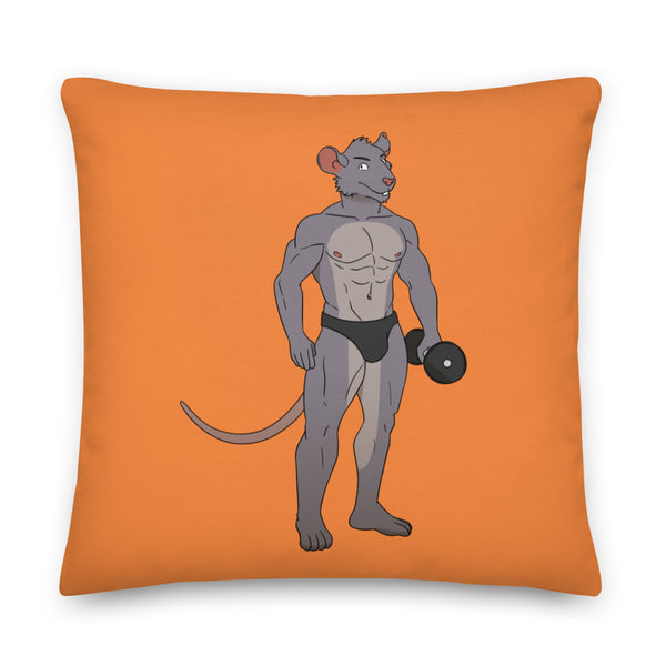 Orange square pillow featuring a muscular gray rat lifting a dumbbell in black briefs