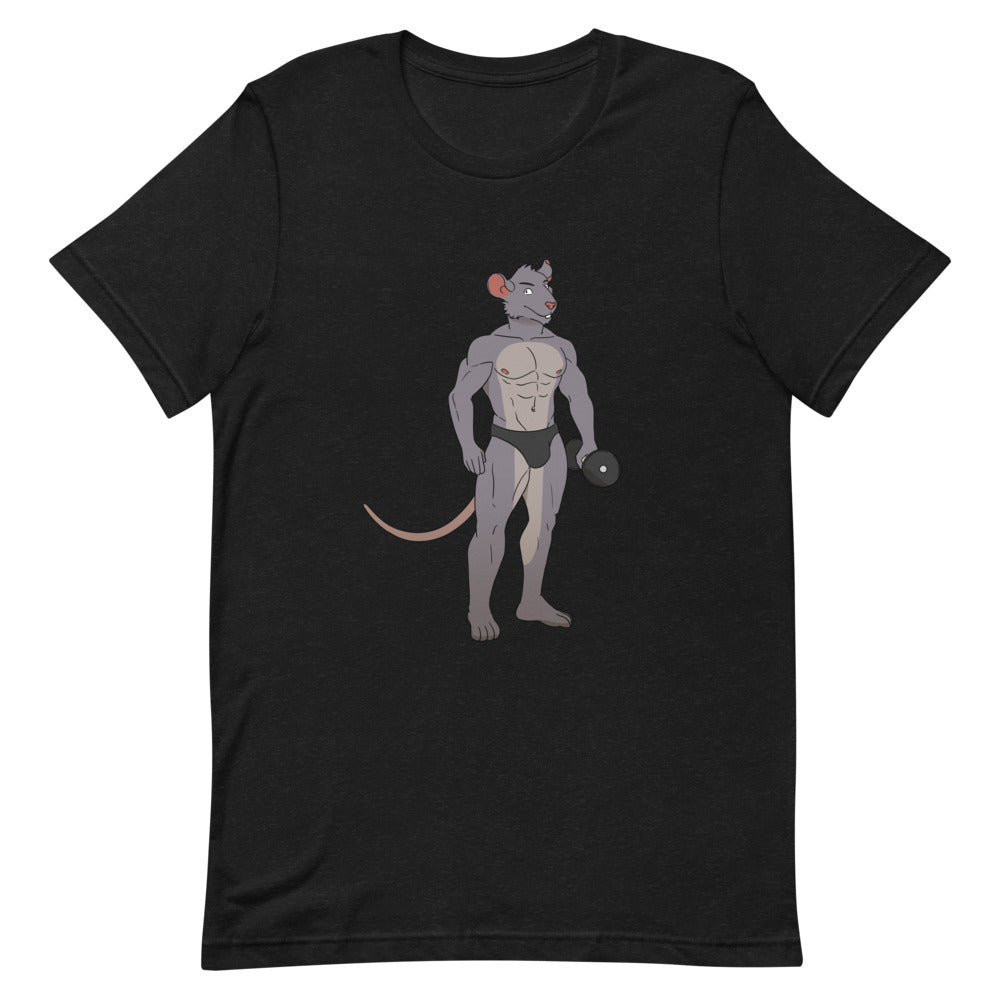 Front view of a black T-shirt with a muscular anthropomorphic mouse lifting a dumbbell