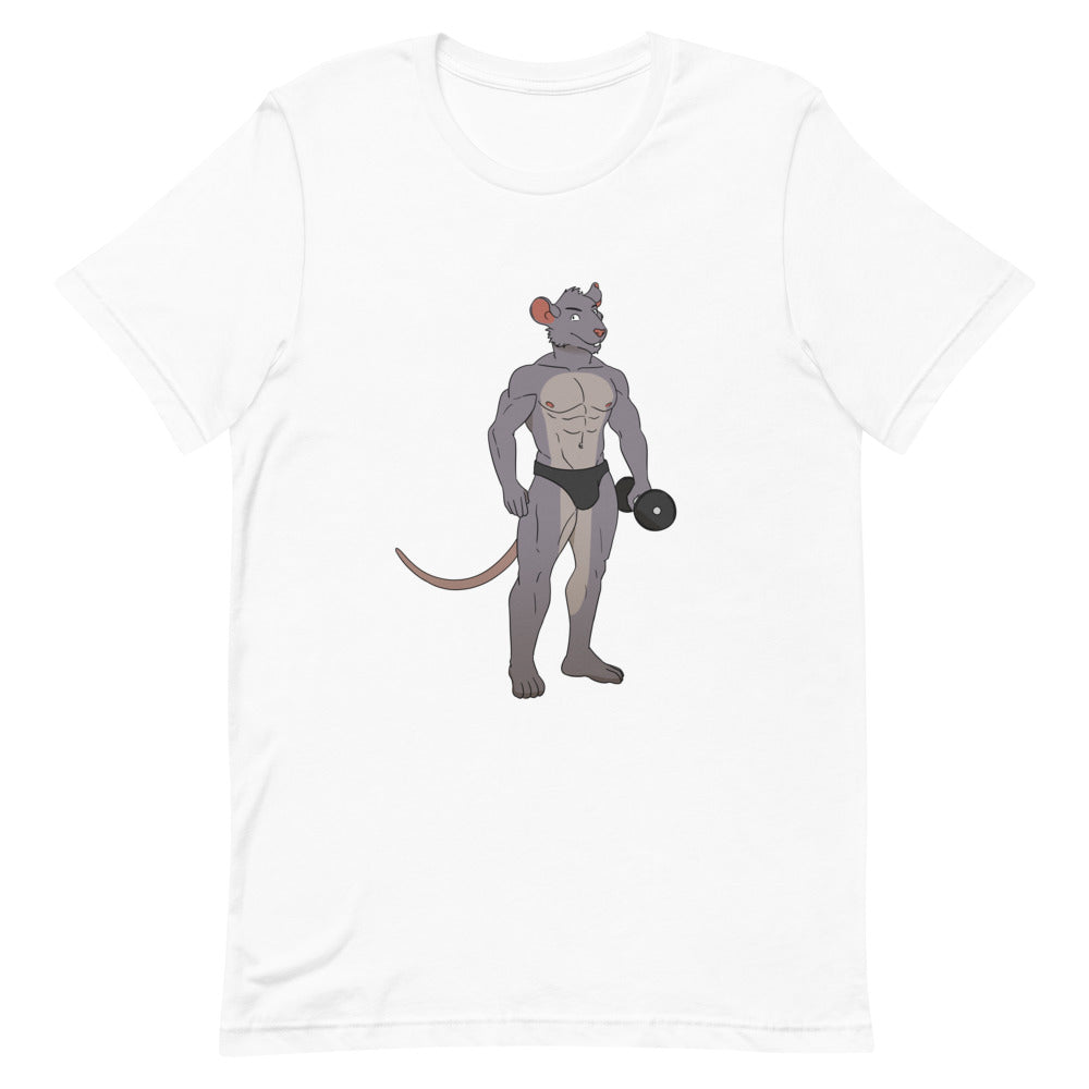 White T-shirt with a muscular gray rat lifting a dumbbell in black briefs