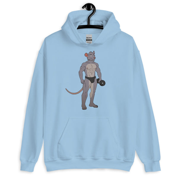 Front view of a light blue hoodie with a muscular rat lifting a dumbbell