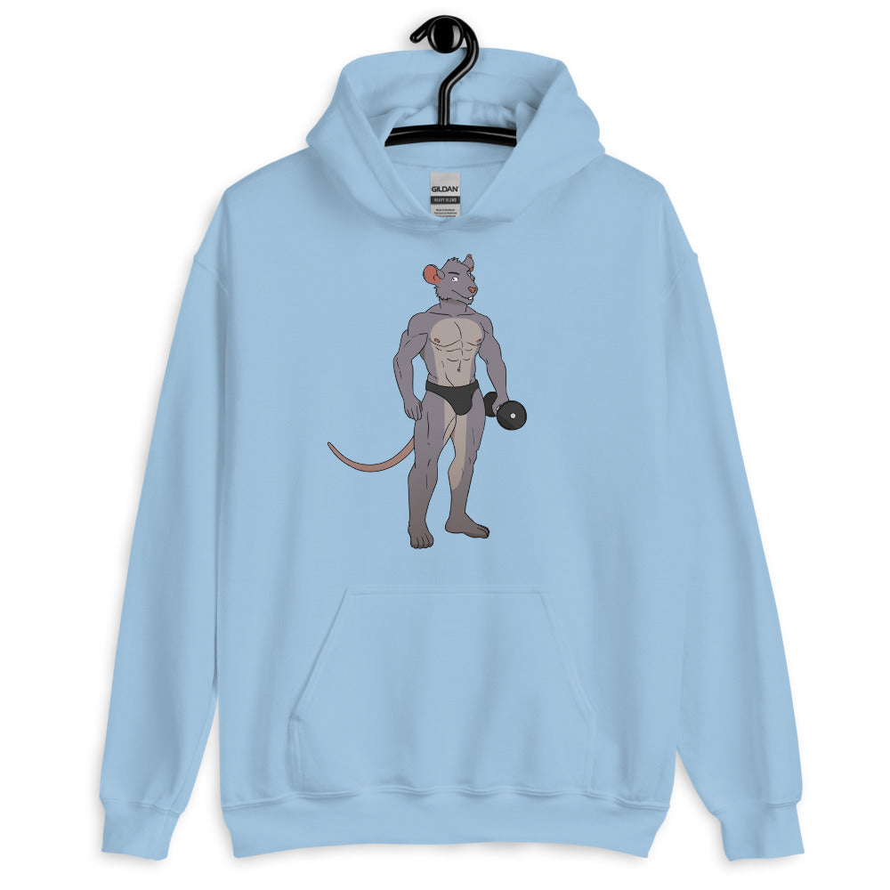 Front view of a light blue hoodie with a muscular rat lifting a dumbbell