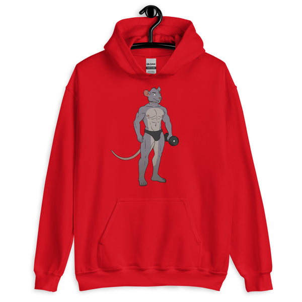 Front view of a red hoodie with a muscular gray rat lifting a dumbbell