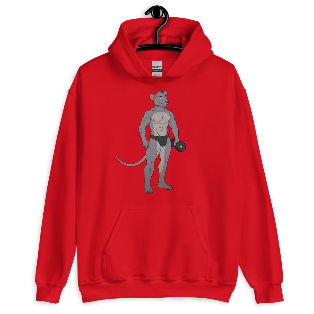 Front view of a red hoodie with a muscular gray rat lifting a dumbbell