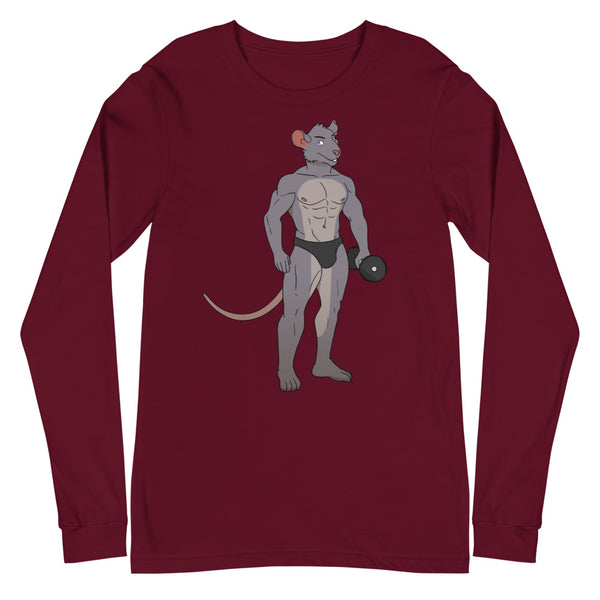 Front view of a maroon long-sleeve shirt with a muscular gray rat lifting a dumbbell