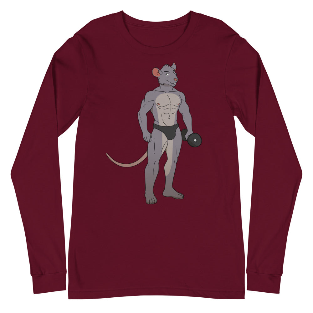 Front view of a maroon long-sleeve shirt with a muscular gray rat lifting a dumbbell