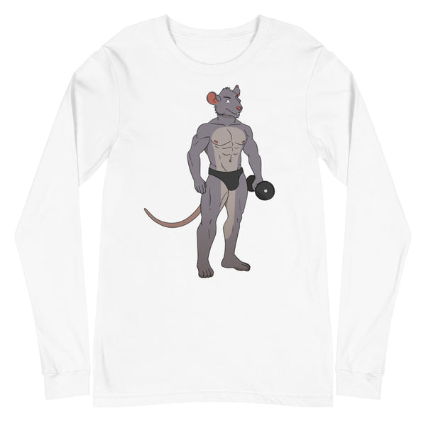 White long-sleeve shirt featuring a muscular gray rat in black briefs lifting a dumbbell