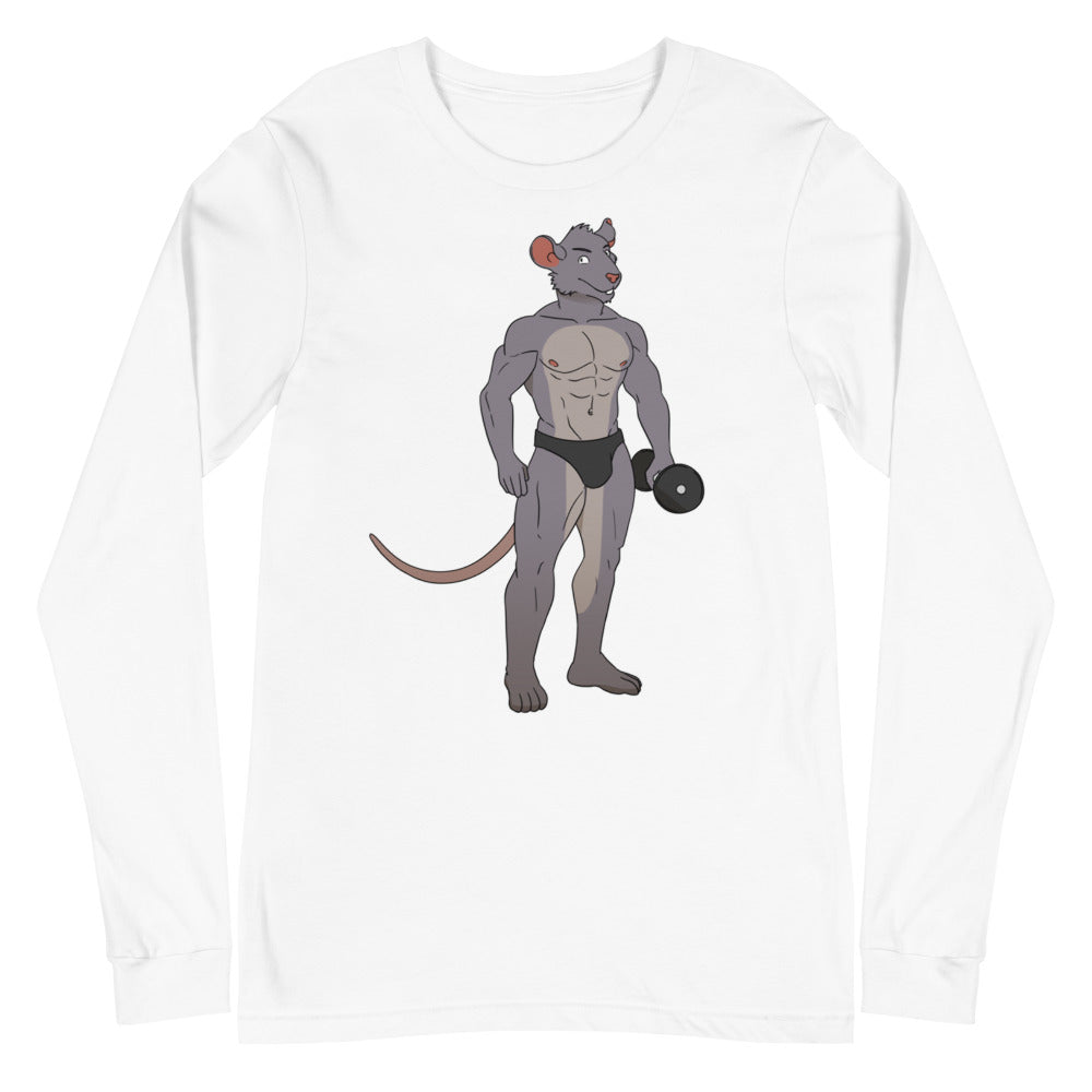 White long-sleeve shirt featuring a muscular gray rat in black briefs lifting a dumbbell