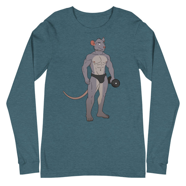 Heather teal long-sleeve shirt with a muscular cartoon rat lifting a dumbbell