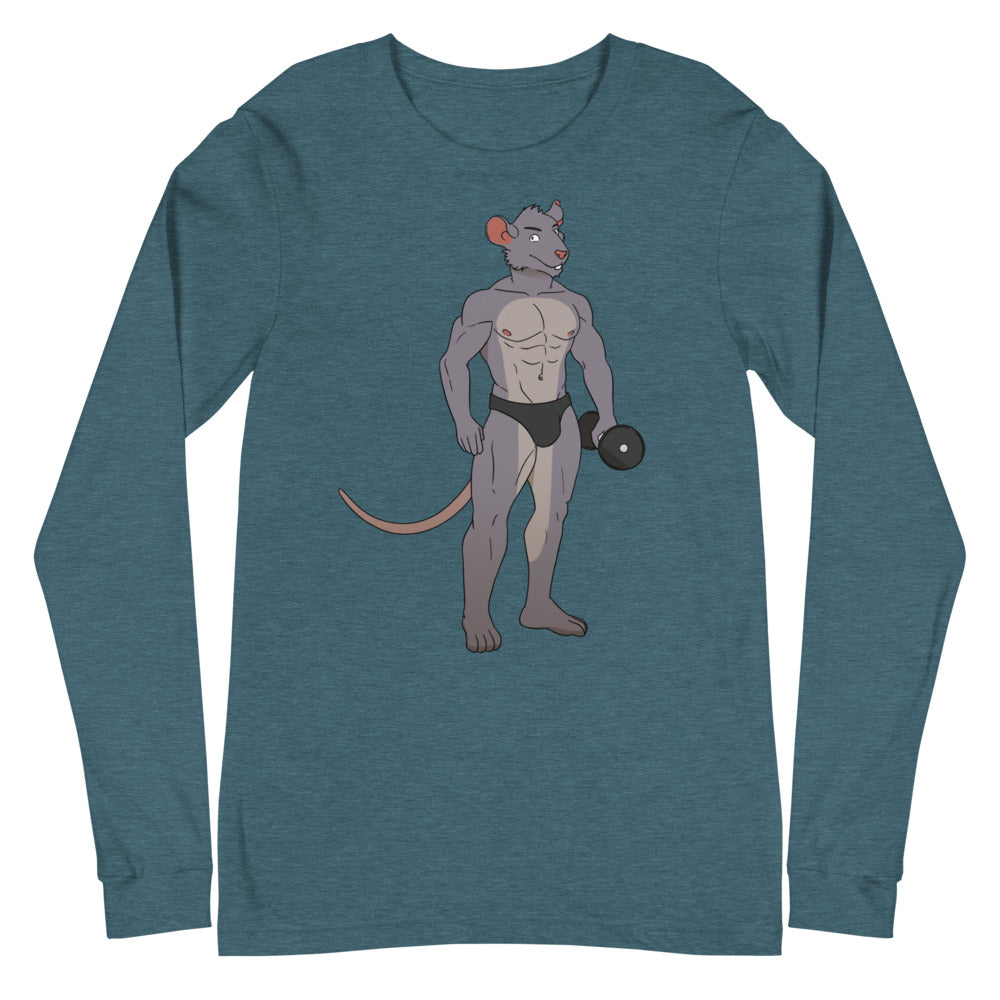 Heather teal long-sleeve shirt with a muscular cartoon rat lifting a dumbbell