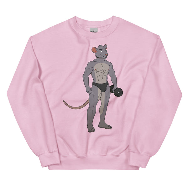 Pink crewneck sweatshirt with a muscular anthropomorphic rat lifting a dumbbell