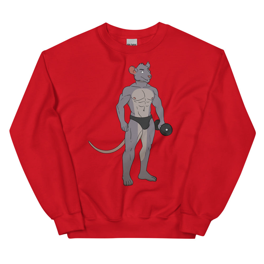 Red sweatshirt with a muscular gray rat character holding a dumbbell
