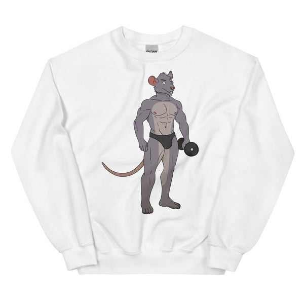 White sweatshirt with a muscular anthropomorphic rat lifting a dumbbell