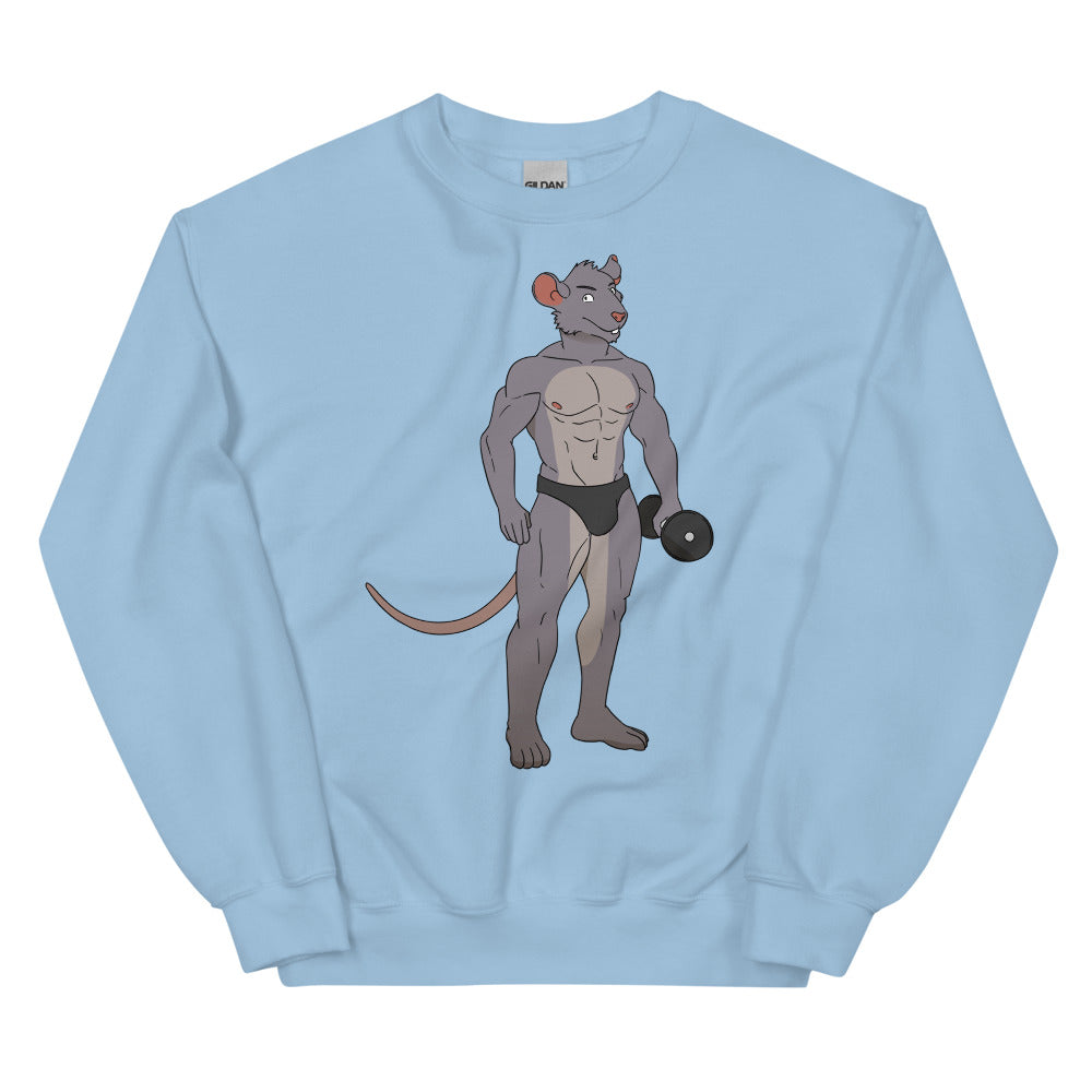 Light blue sweatshirt with a muscular anthropomorphic rat lifting a dumbbell
