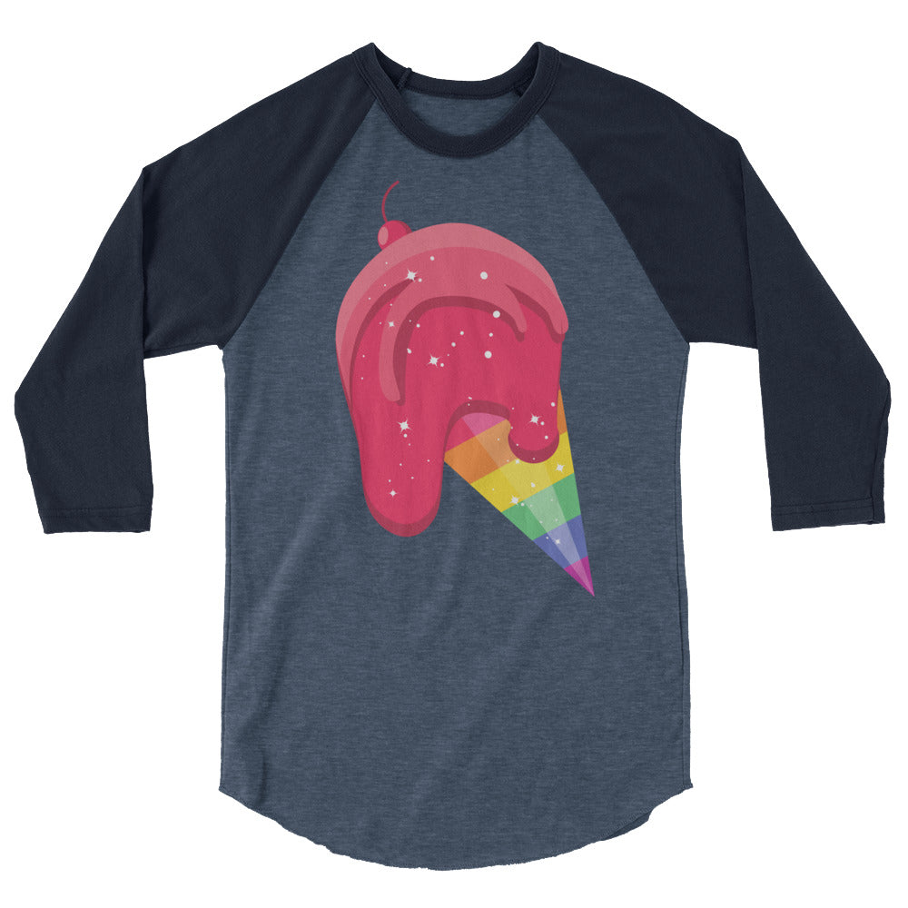 Front view of a dark raglan shirt with a rainbow-striped ice cream cone graphic