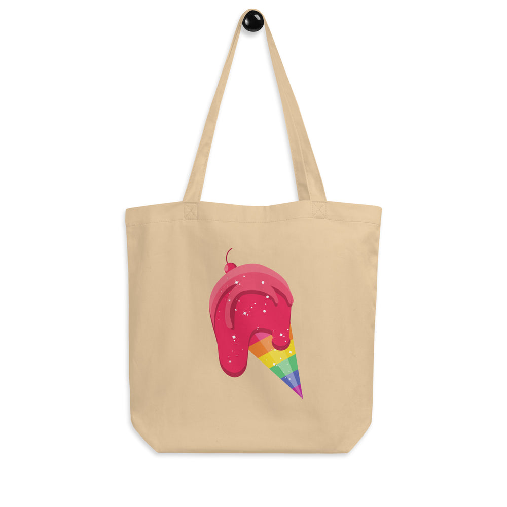 Oyster canvas tote bag with a pink melting ice cream cone in rainbow colors