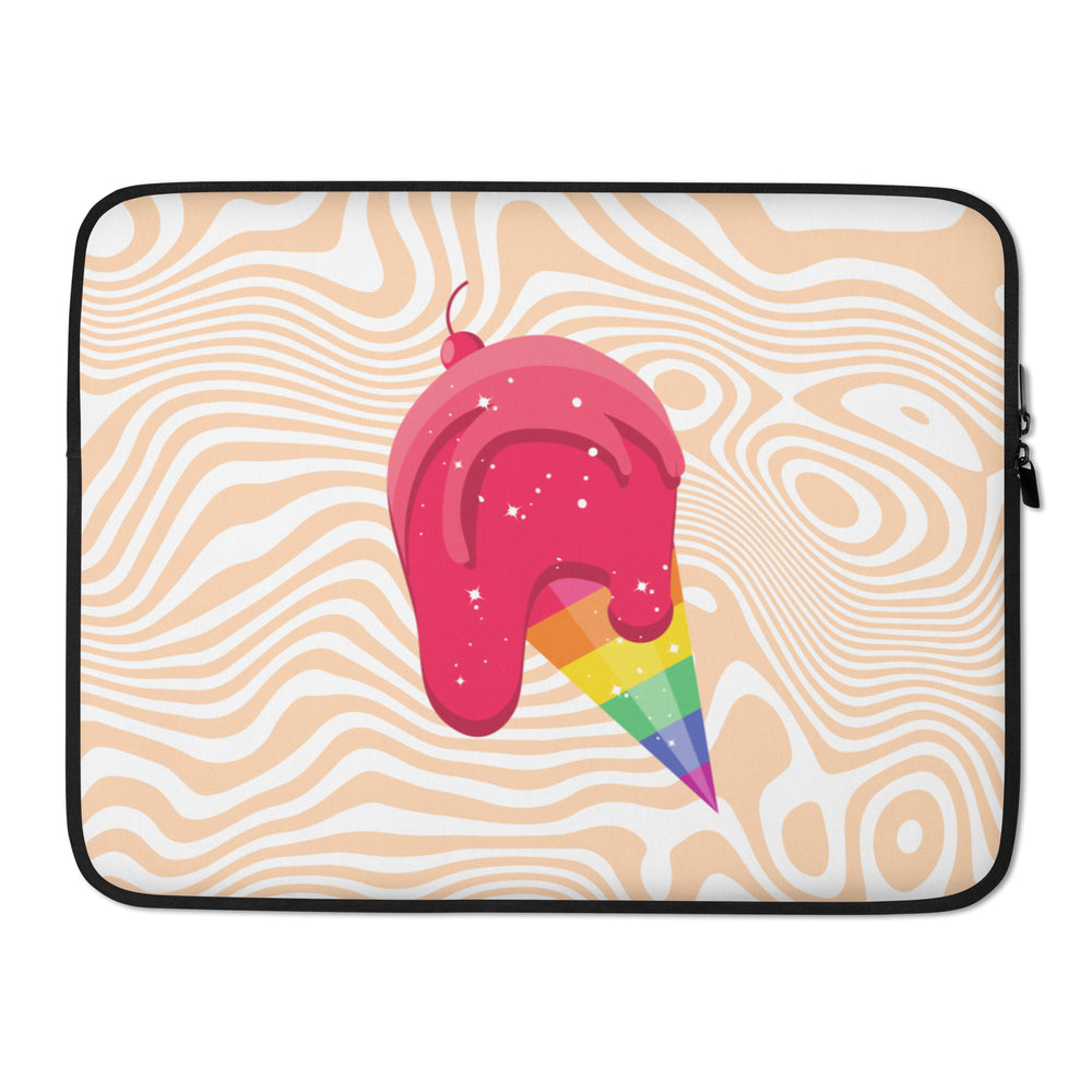 Laptop sleeve with a pink melting ice cream and rainbow cone on a wavy beige-and-white pattern