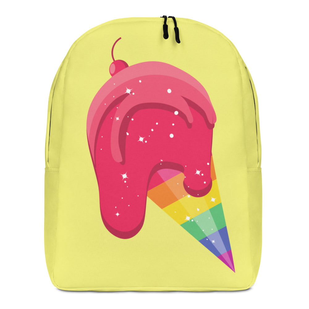 Front-facing yellow backpack with a pink dripping ice cream cone in rainbow stripes