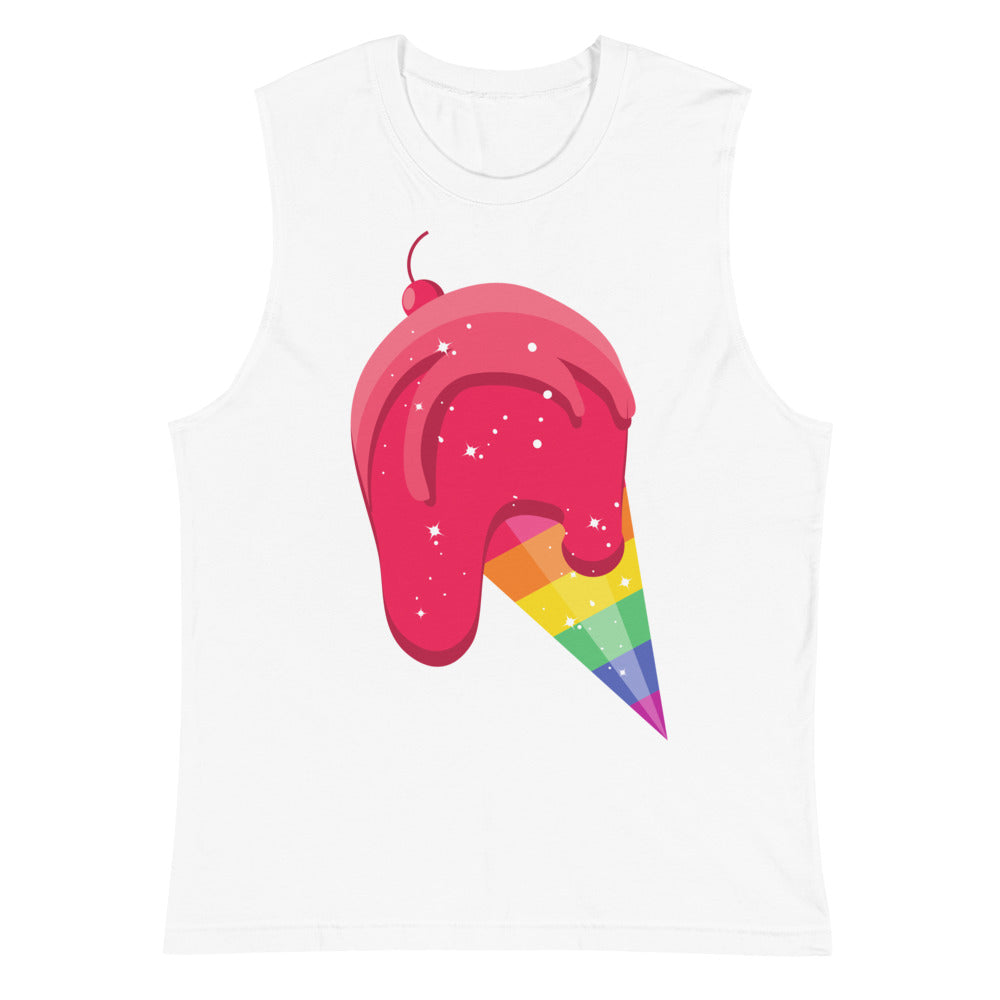 White sleeveless muscle top with a pink melting ice cream cone in rainbow colors