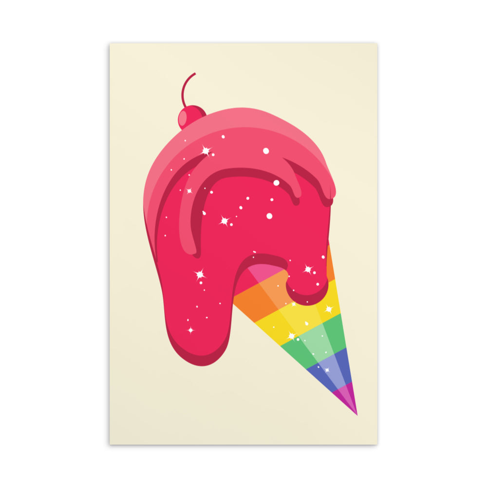 Illustrated postcard showing pink ice cream with rainbow-striped cone and cherry on top