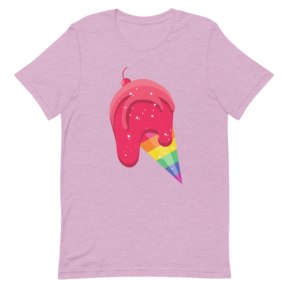 Flat-lay lilac T-shirt with a glittery pink ice cream and rainbow cone graphic