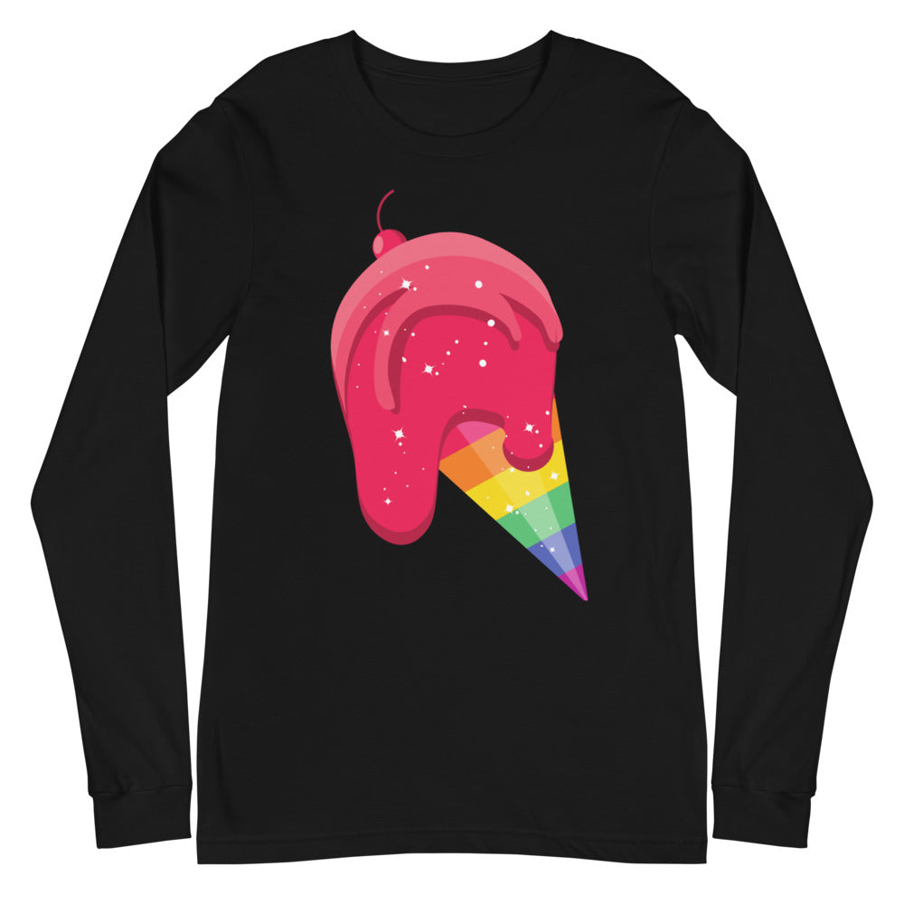 Black long-sleeve shirt with a pink ice cream cone featuring a rainbow-striped cone