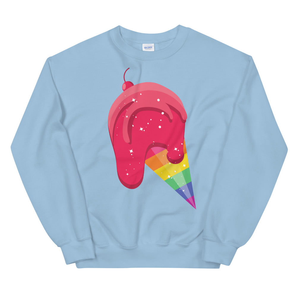 Light blue sweatshirt with a dripping pink ice cream cone in rainbow colors