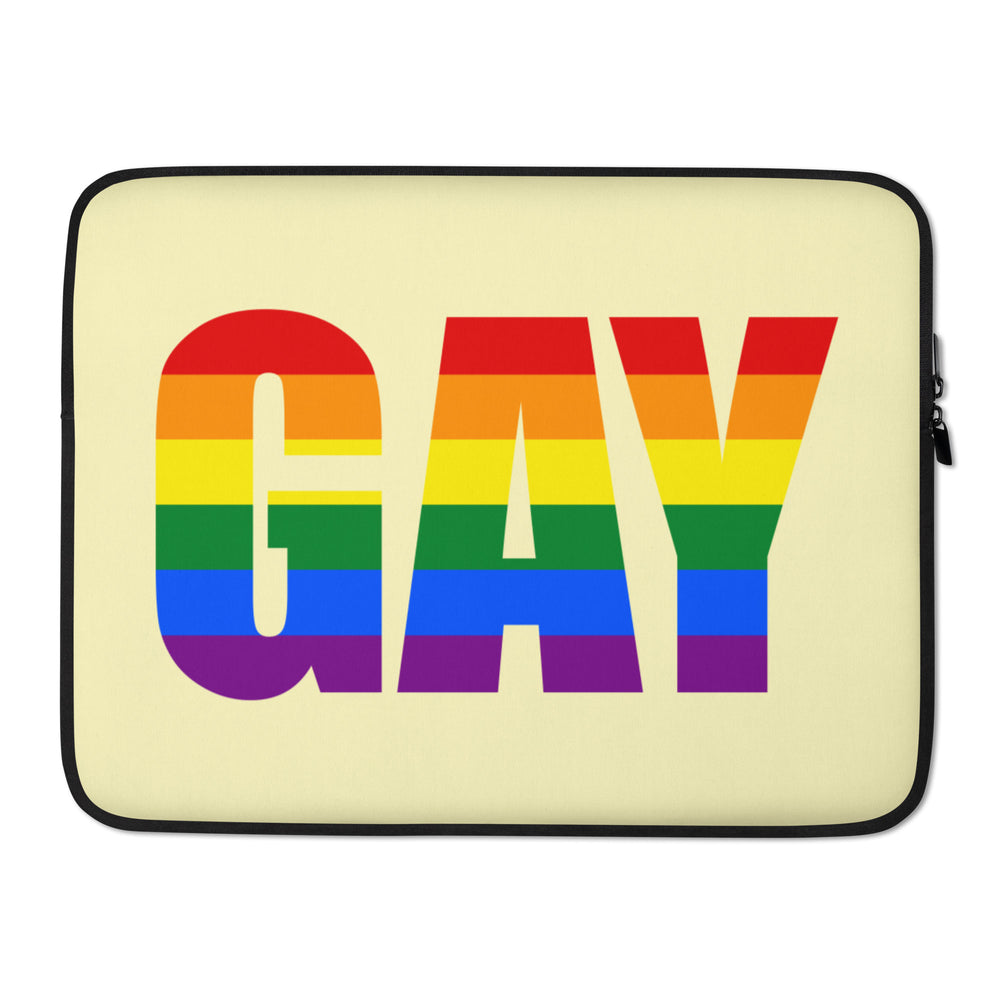Cream laptop sleeve with black trim and a large rainbow-striped “GAY” graphic