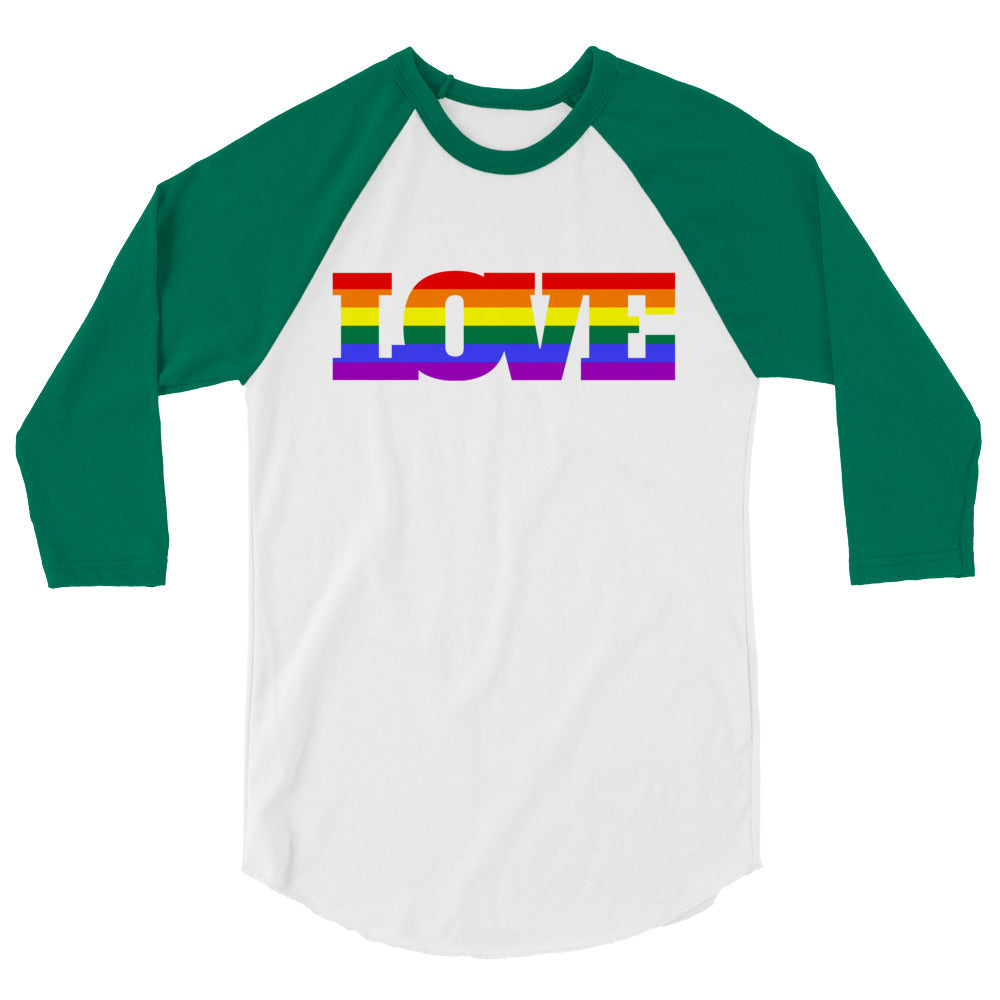 Matching Gay Love 3/4 Sleeve Raglan Shirts, “LOVE” in rainbow colors, worn by two men sharing a warm, affectionate forehead touch.