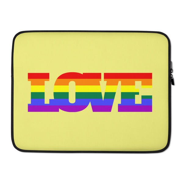 Front view of a yellow laptop sleeve with a rainbow-striped “LOVE” graphic and black trim
