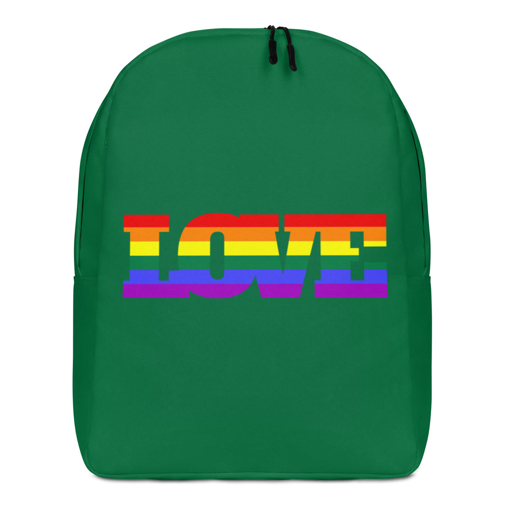 Front view of a green backpack with rainbow-striped “LOVE” lettering