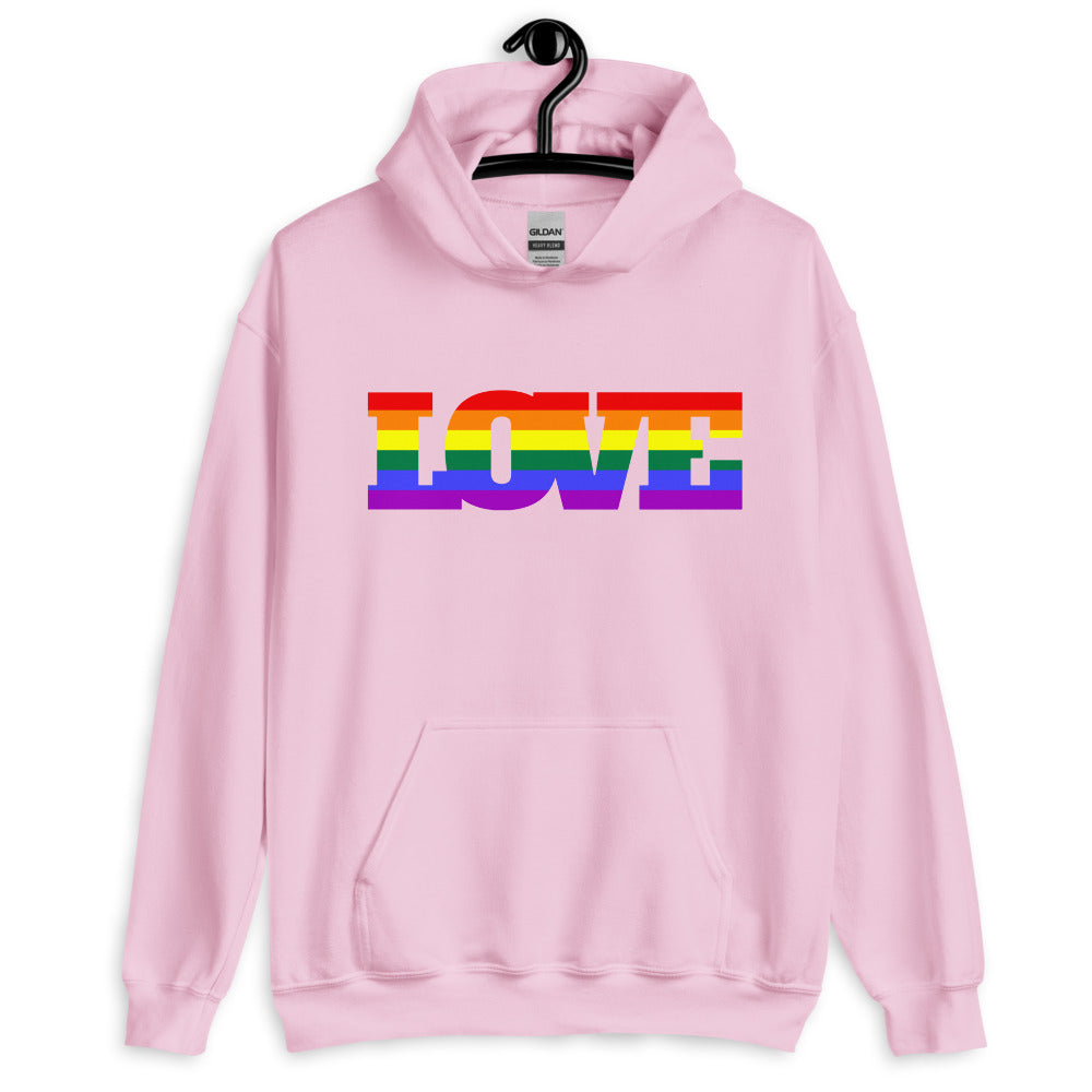 Front view of a light pink hoodie on a hanger with rainbow-striped LOVE lettering