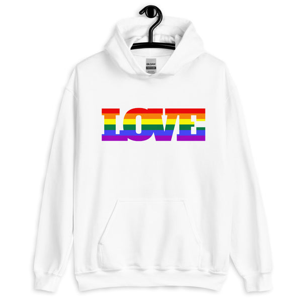 White pullover hoodie hanging on a black hanger with rainbow-striped LOVE lettering