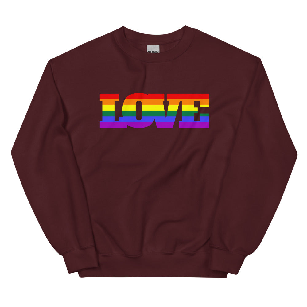 Front view of a maroon sweatshirt with rainbow-striped “LOVE” lettering across the chest